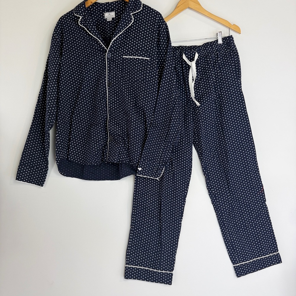 Petite Plume Pajama Set Men Large Navy Blue Heart Print Cotton Piped 2pc Luxe